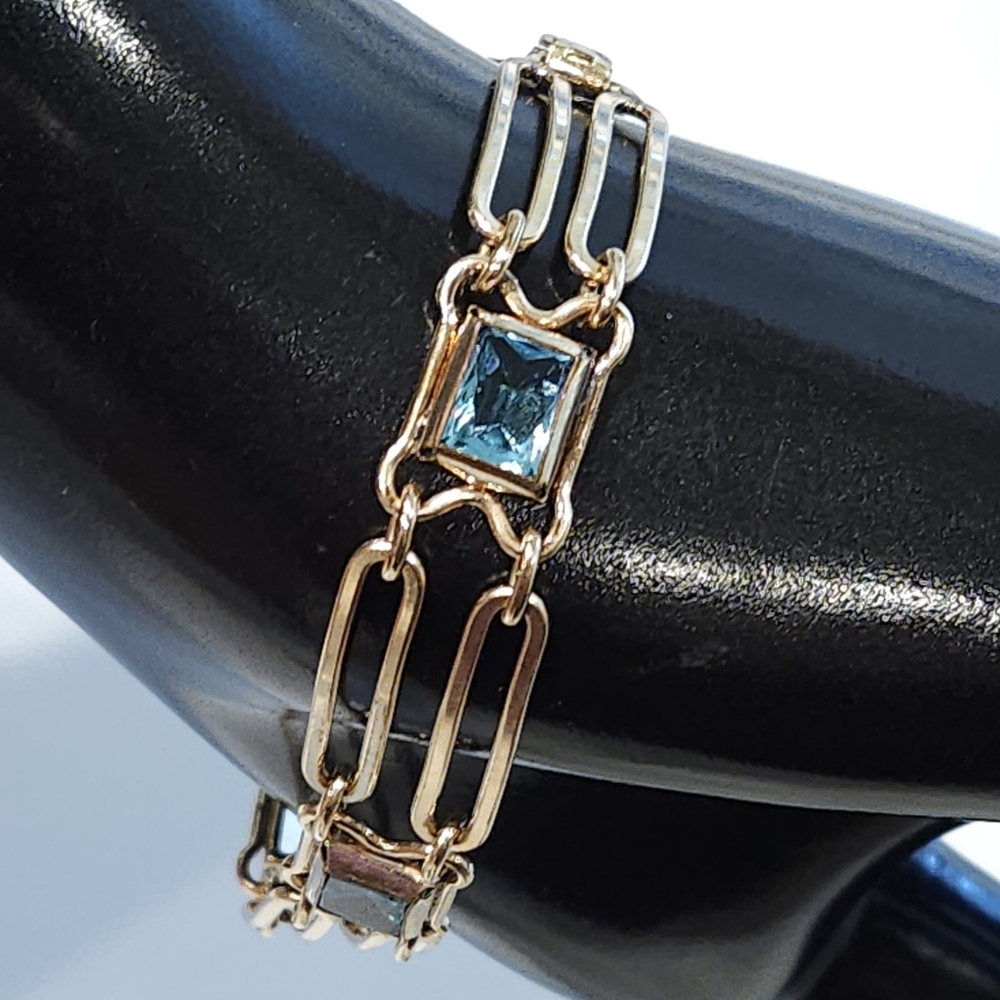 Sturdy 12K Gold Filled Blue Glass Faux Topaz Art Deco Vintage Bracelet 50s